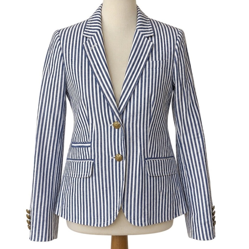 J.Crew Schoolboy Blazer Womens 6 Blue White Striped Linen Gold Button 2013